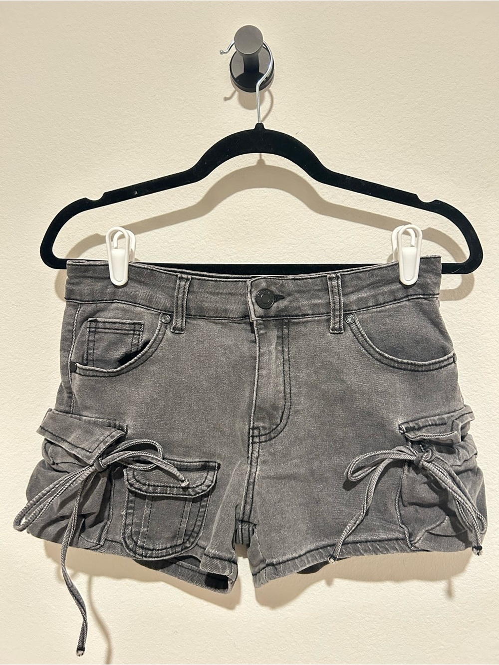 VIP Gray Washed Denim Cargo Shorts with Side Tie Details